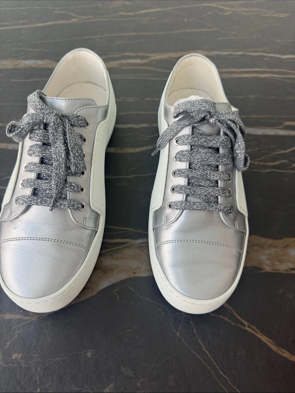 CHANEL Silver and White Low-Top Leather Sneakers